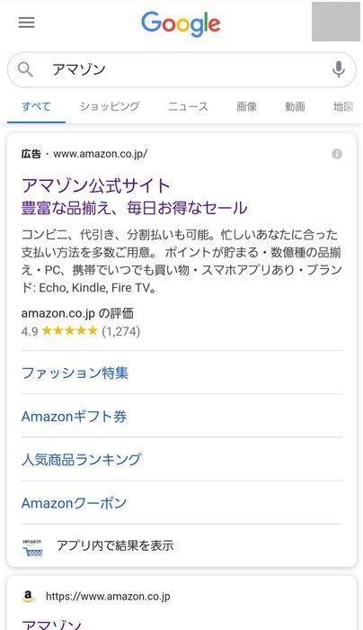 Googleでアマゾンと検索した